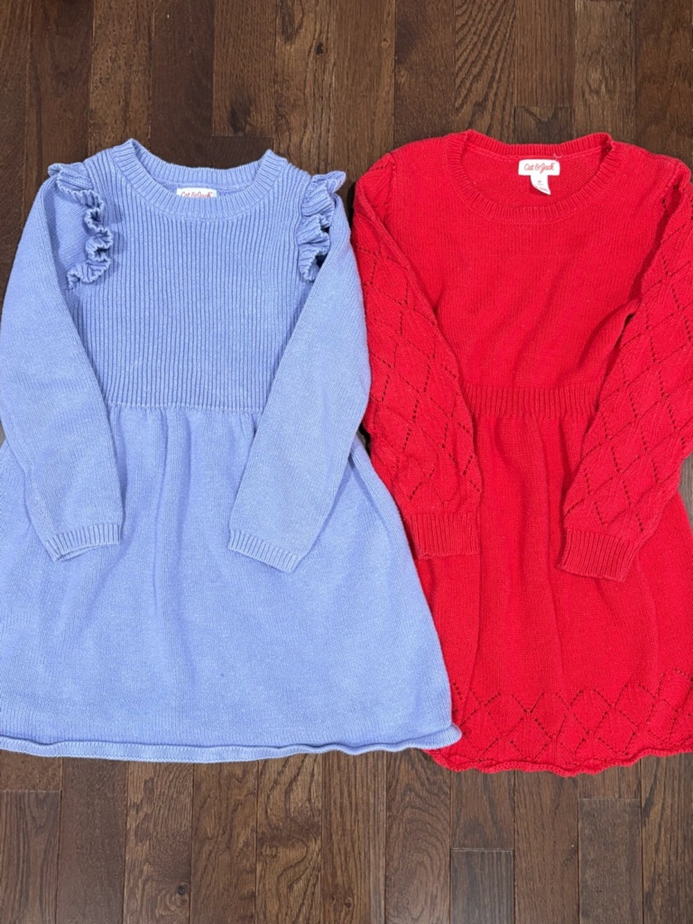 Cat & Jack Girls Size 5 Sweater Dresses 2pc Lot Red Eyelet Lavender Ruffle